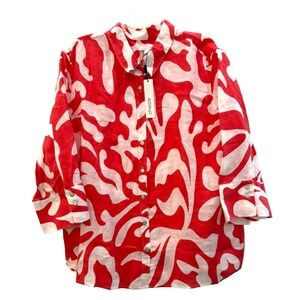 NWT Chico's Size 4 /20 No Iron 100% Linen Island Reef Pink White Shirt